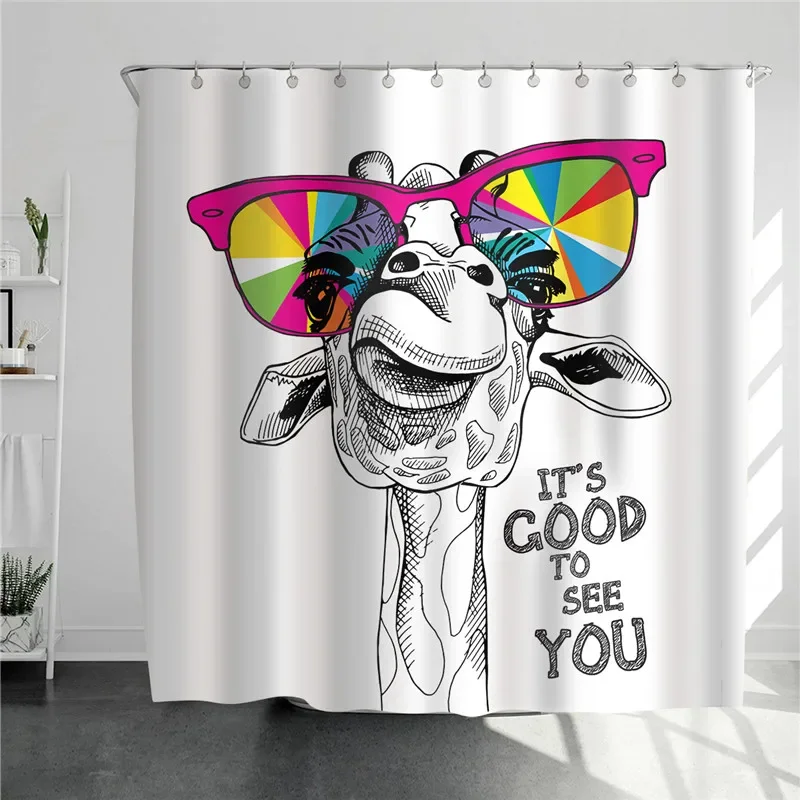 Home Bathroom Design Simple - Giraffe With Colorful Glasses Shower Curtain